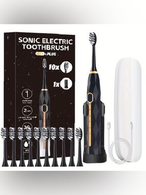 (4) - Electric Toothbrush Set + 10 Brush Heads & Travel Case